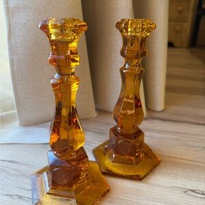 Vtg Glowing Amber 8" Tall FOSTORIA Coin Glass Candlestick Pair Candle Holders